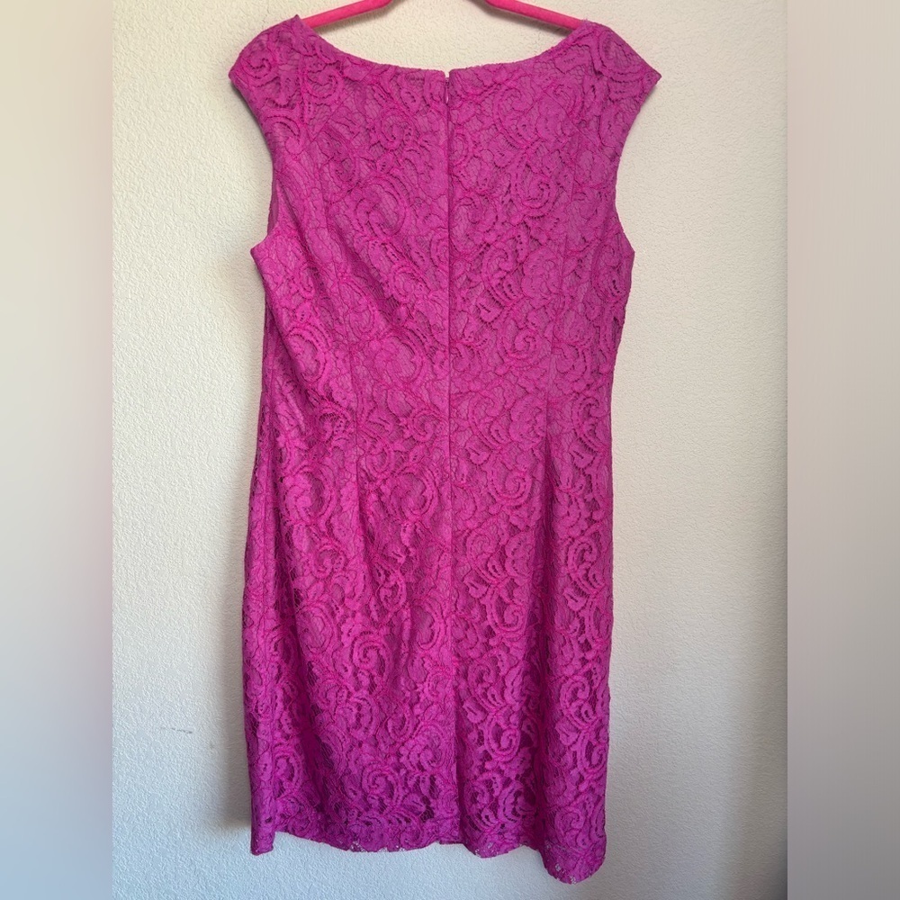 Adrianna Papell Pink Lace Overlay Round Neck Cap Sleeve Sheath Cocktail Dress 14 - Picture 6 of 10